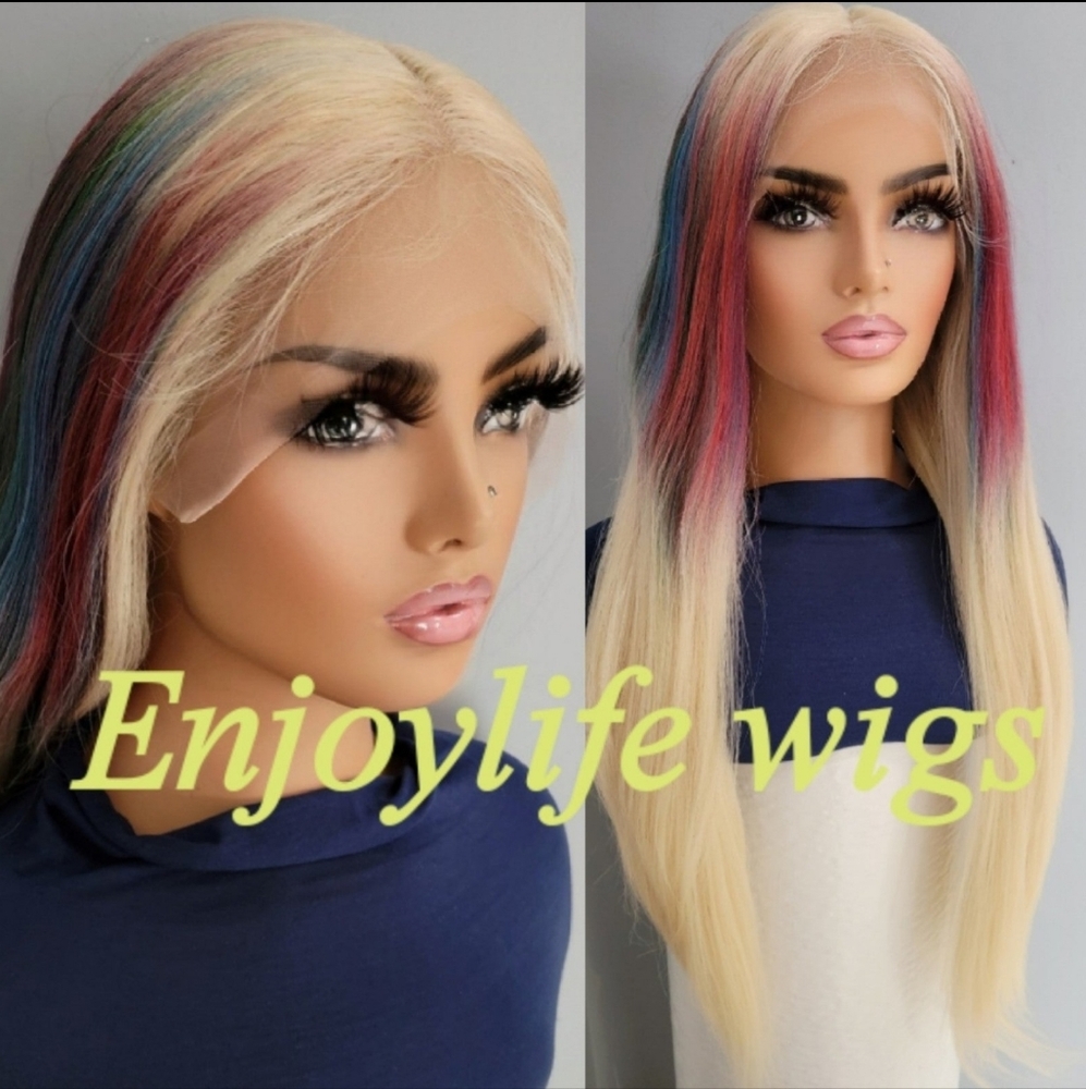 Sexy blonde straight wig with rainbow highlights